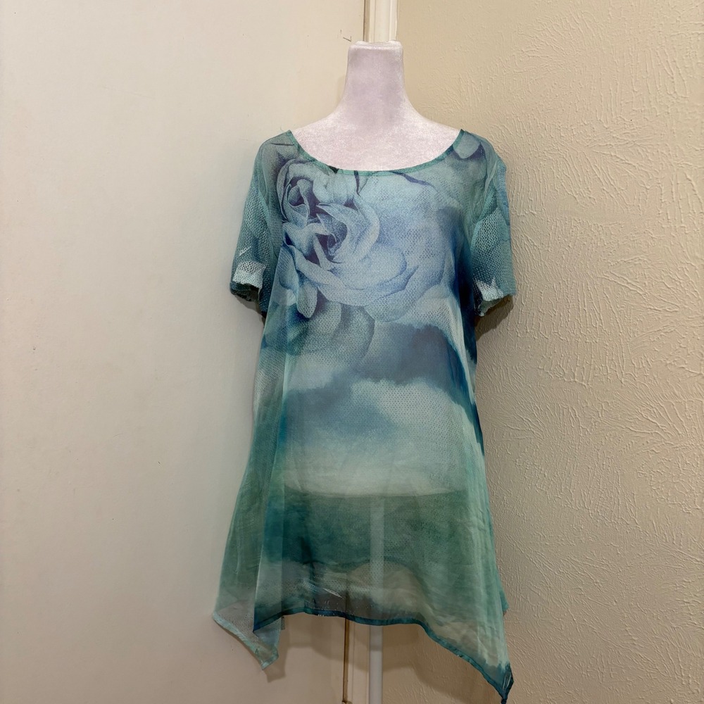 Blue Green Floral Sheer Chiffon Mesh Watercolor Short Sleeve Tunic Top Blouse XL